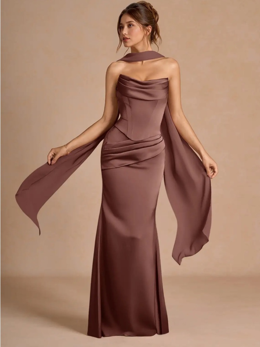Azazie Strapless Satin Gown in Mauve Brown with Scarf